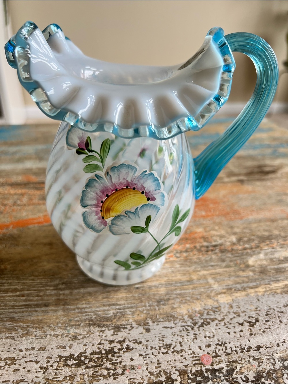 Fenton Glass Optic Pitcher Hand-painted & Signed